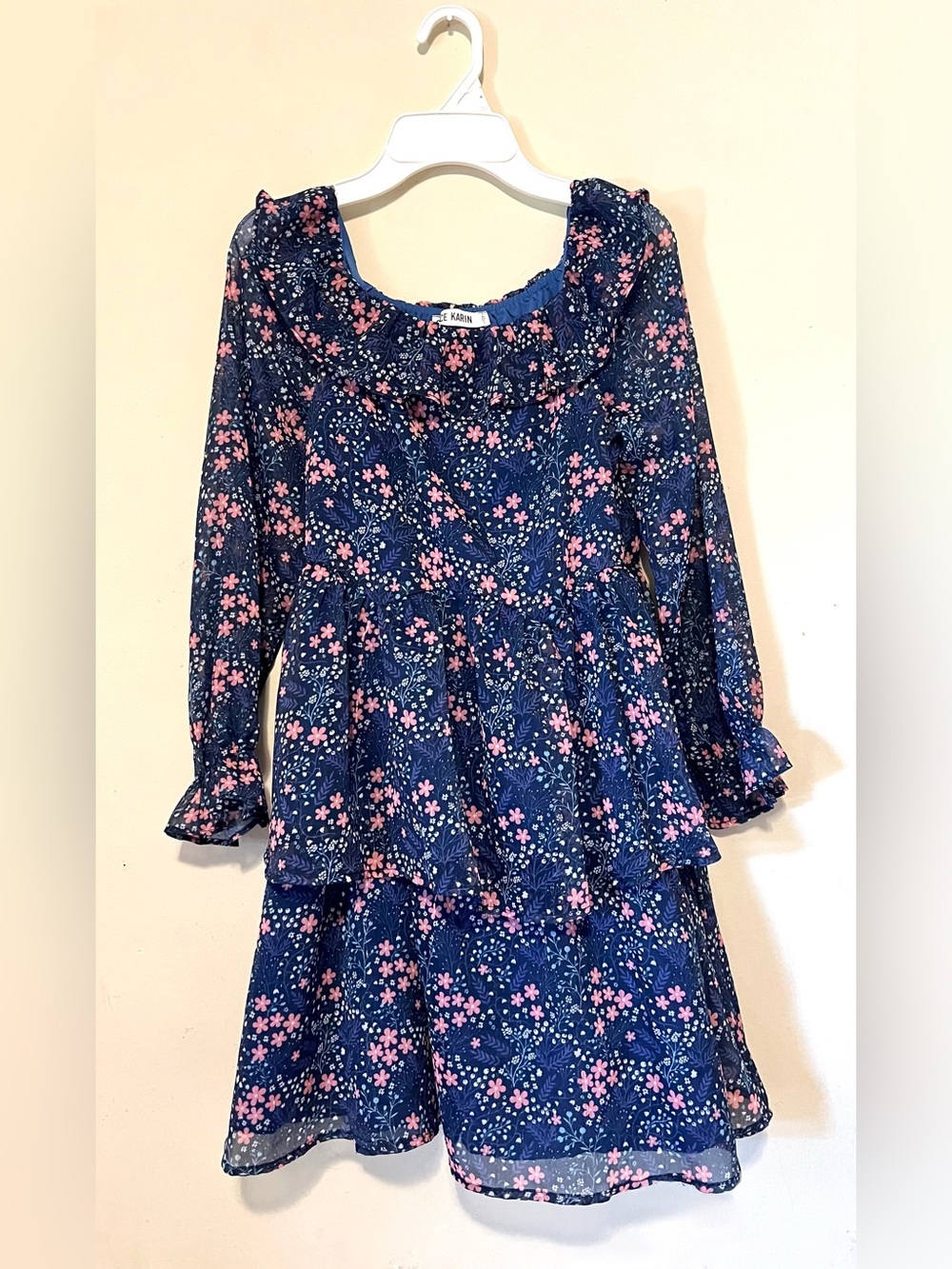 Grace Karin Girls’s Navy Blue Floral Ruffle Dress with Pink Accents